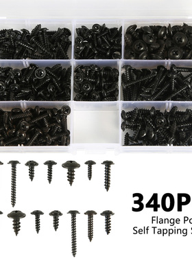 340pcs黑色碳钢PWA十字自攻螺丝盒装M3/M4/M3.5/M4.8圆头带垫螺钉