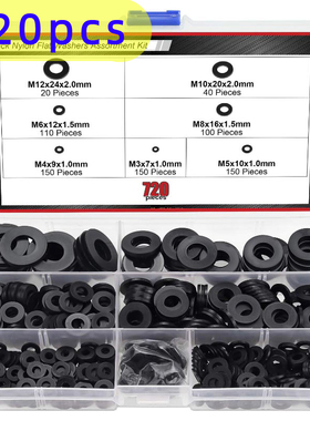 720pcs盒装 7种尺寸黑色尼龙平垫圈分类套件（M3M4M5M6M M10M12）