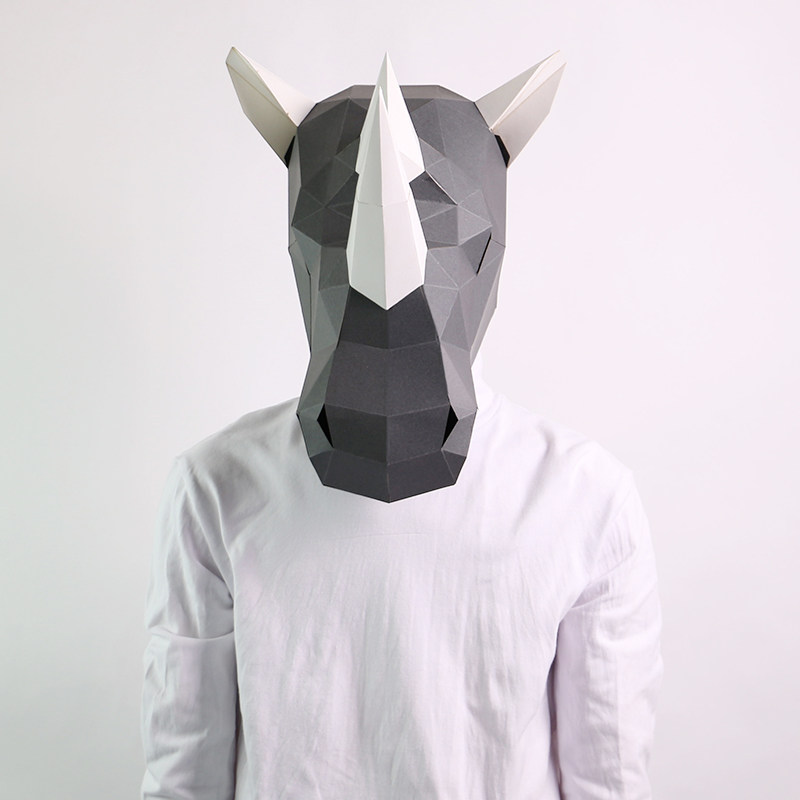 犀牛立体纸模面具手工diy 折纸拼图模型头套儿童成人益智表演玩具