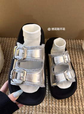 原宿风ulzzang厚底外穿双排扣凉拖鞋银色松糕增高小个子女鞋休闲