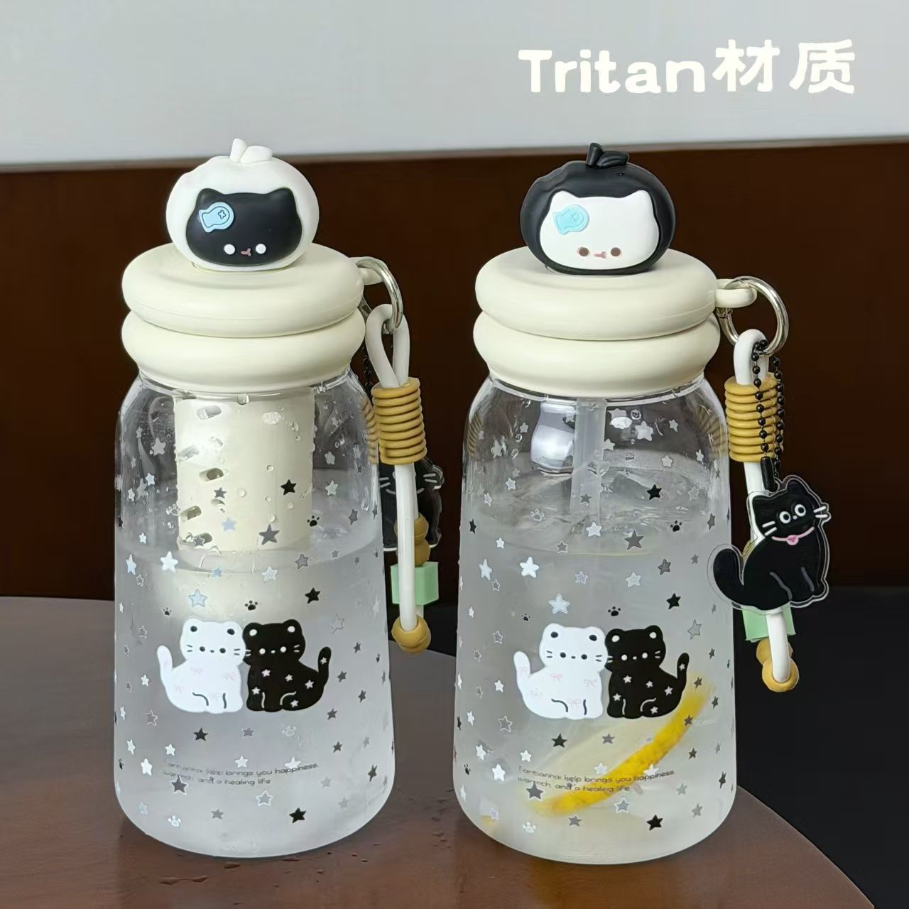 网红猫咪Tritan吸管杯带茶隔