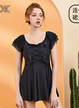 泳衣女夏2023新款黑色连体遮肚显瘦裙式平角短袖温泉泳装