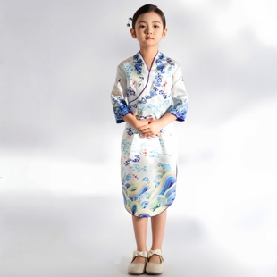 儿童空姐制服海航小空姐连衣裙秋空乘制服旗袍少儿团体走秀演出服
