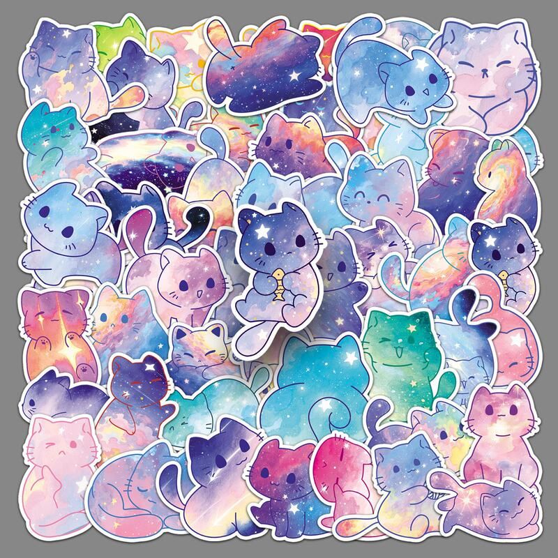 50张原创水彩星空猫手账贴纸