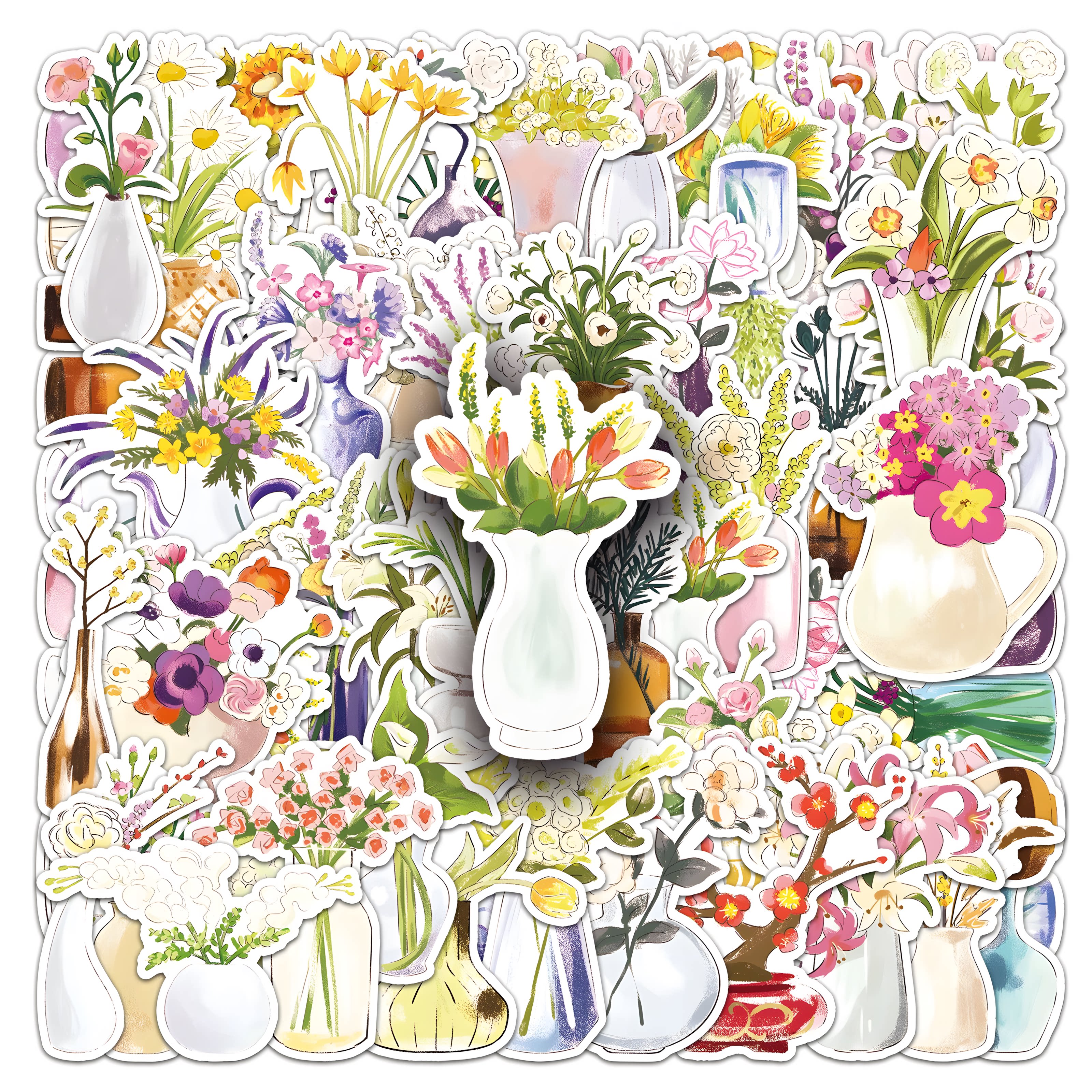 原创50张手绘花瓶贴纸植物花卉小清新卡通防水手帐鲜花装饰贴贴纸