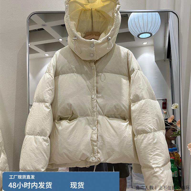 休闲韩式连帽短羽绒服小妇女宽松厚保暖面包外衣白鸭羽绒服新潮