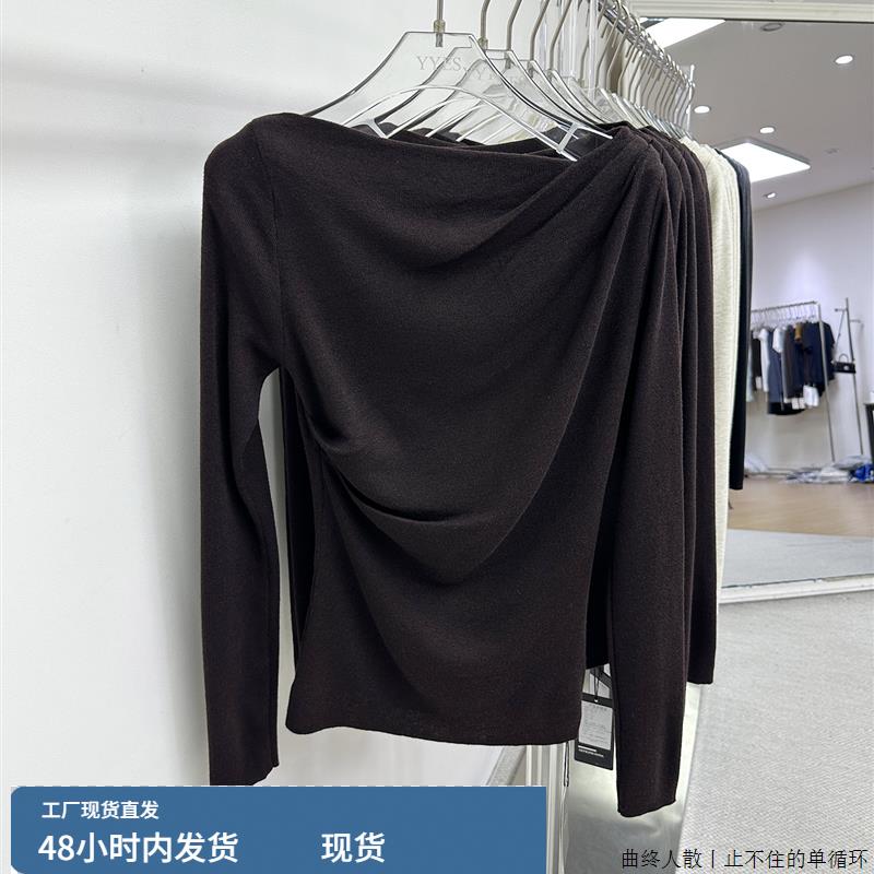 HEPBURN斜领褶皱长袖针织打底衫女2025秋新款修身羊毛显瘦上衣