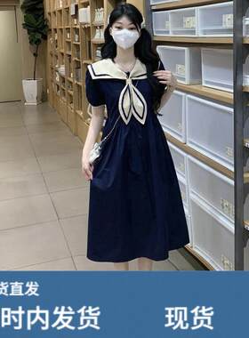 少女学院风海军领撞色连衣裙2025夏装新款初高中学生收腰显瘦裙子