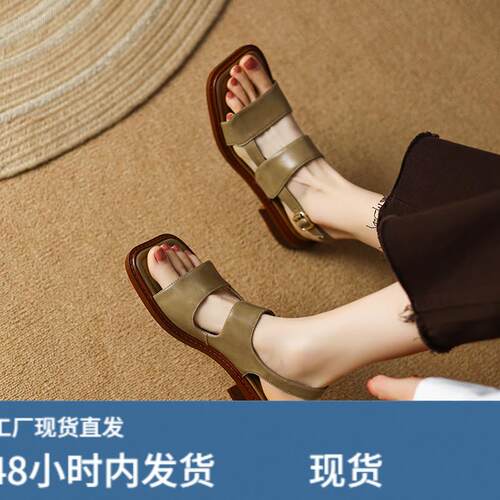 复古低跟一字扣带罗马鞋女夏露趾沙滩平底百搭软底凉鞋大尺码女鞋