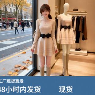 法式高级感名媛风蝴蝶结长袖洋装女秋冬季新款修身显瘦a字短裙
