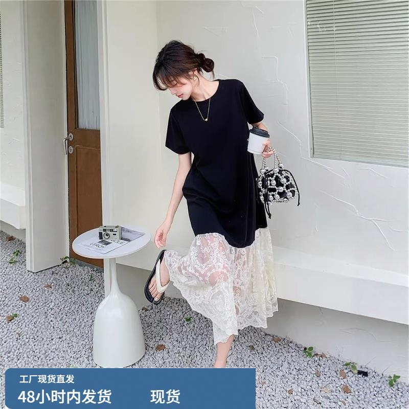 大码女装夏季法式高级感蕾丝拼接连衣裙胖mm小众设计遮肉显瘦裙子