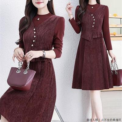 紫红色连衣裙女2025新款秋季时尚拼接假两件妈妈装减龄过膝a字裙