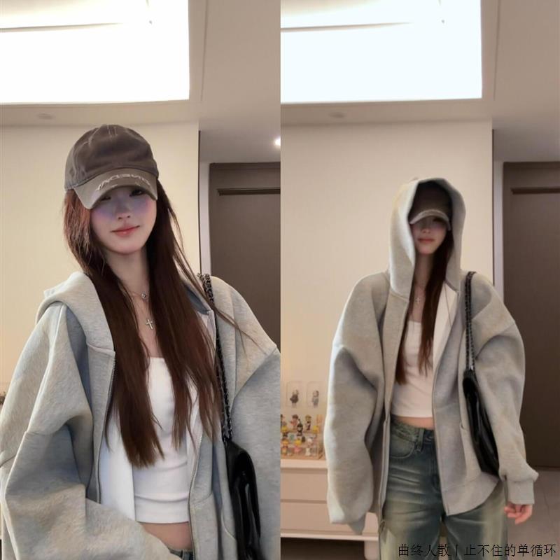 韩系灰色简约连帽开衫卫衣女2025春秋款oversize宽松休闲情侣外套