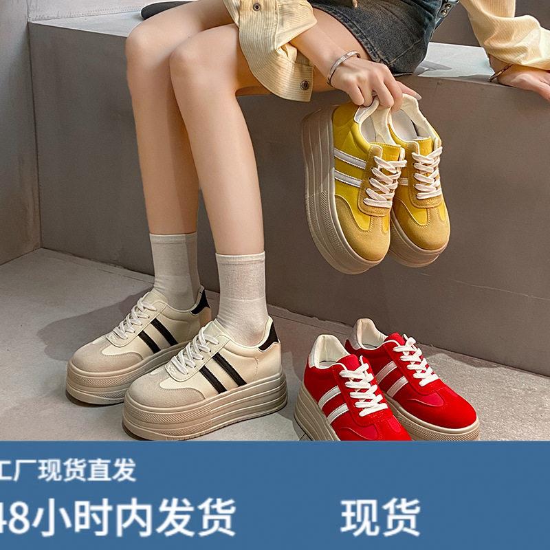 韩国明星同款小个子厚底增高德训小白鞋女2026春新款百搭系带时尚图片