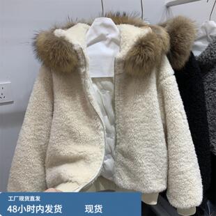 欧版宽松显瘦连帽白鸭绒保暖羽绒服女冬季款大毛领羊羔毛羽绒外套