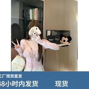 温柔风气质淑女V领蕾丝花边绑带蝴蝶结长袖上衣秋冬季修身打底衫