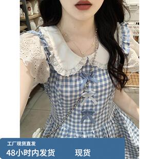 高中生小清新气质连衣裙夏2025新款少女初中学生可爱娃娃领格子裙