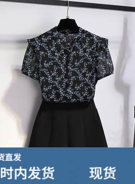 黑色印花上衣高腰短裤套装女夏季2026新款时尚洋派百搭减龄两件套