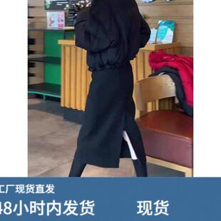 黑色毛呢半身裙女秋冬新款高腰开叉直筒裙气质高级感中长版包臀裙