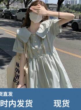 初中生甜美中长裙子夏时尚少女高中学生宽松显瘦娃娃领过膝连衣裙