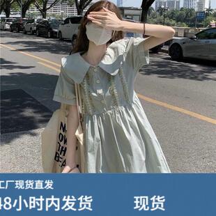 初中生甜美中长裙子夏时尚少女高中学生宽松显瘦娃娃领过膝连衣裙