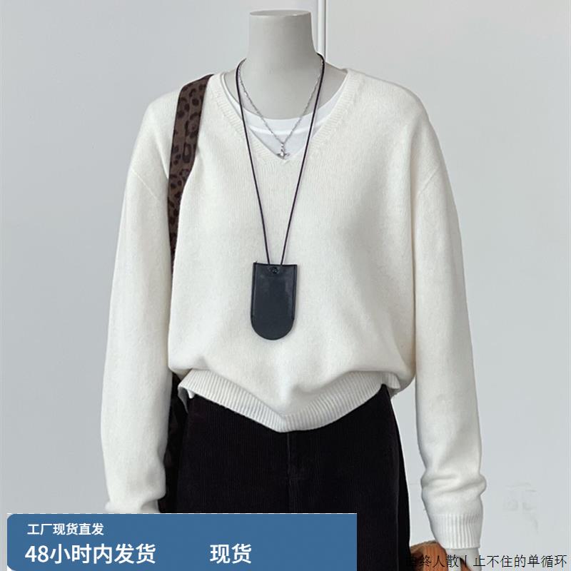 CHAO级推荐韩版米色V领套头浣熊绒毛衣女秋冬奶fufu软糯针织衫