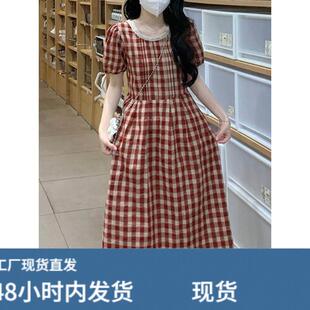 学院风法式复古红格纹花边打揽设计感连衣裙女夏学生宽松显瘦长裙