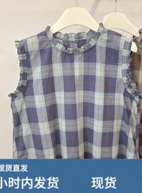2026夏季新款韩系复古格子衬衫女无袖花边领木耳边减龄上衣