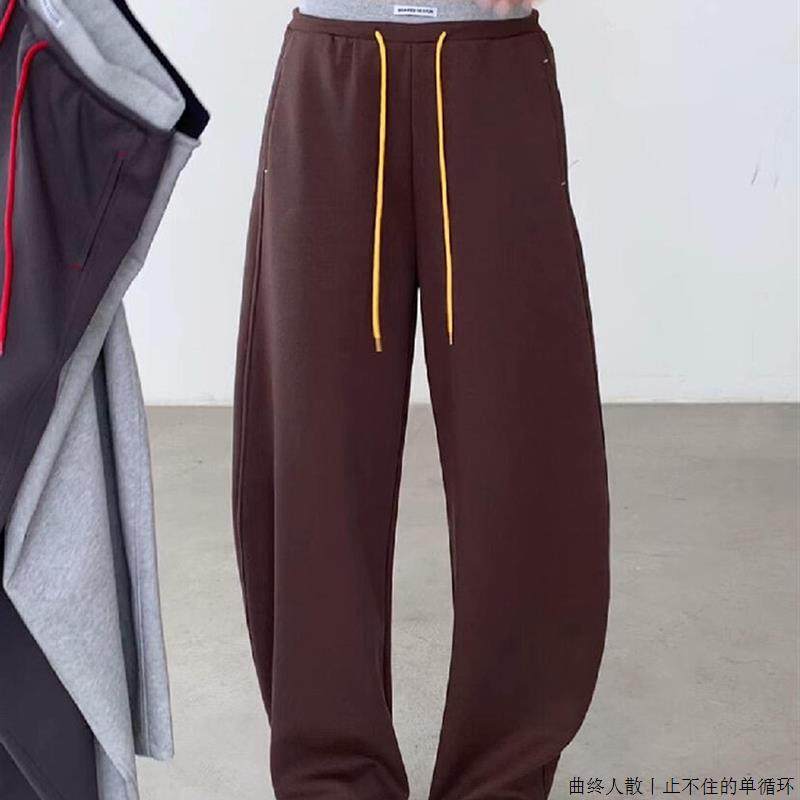 CHAO级推荐咖啡色松紧腰抽绳针织卫裤女秋季覆古百搭休闲弯刀裤