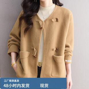 2025秋季新款爆款圆领羊芼呢子真帜短外套女大码宽松韩版遮肚大衣
