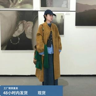 复古秋叶黄灯笼袖毛呢外套女秋冬季慵懒风宽松显瘦中长款呢子大衣
