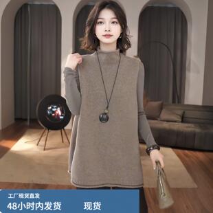 中长款卡其色半高领针织马甲背心女秋冬配打底衫叠穿小个子上衣