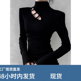 黑色镂空半高领打底衫女春季新款辣妹内搭不规则修身正肩长袖T恤
