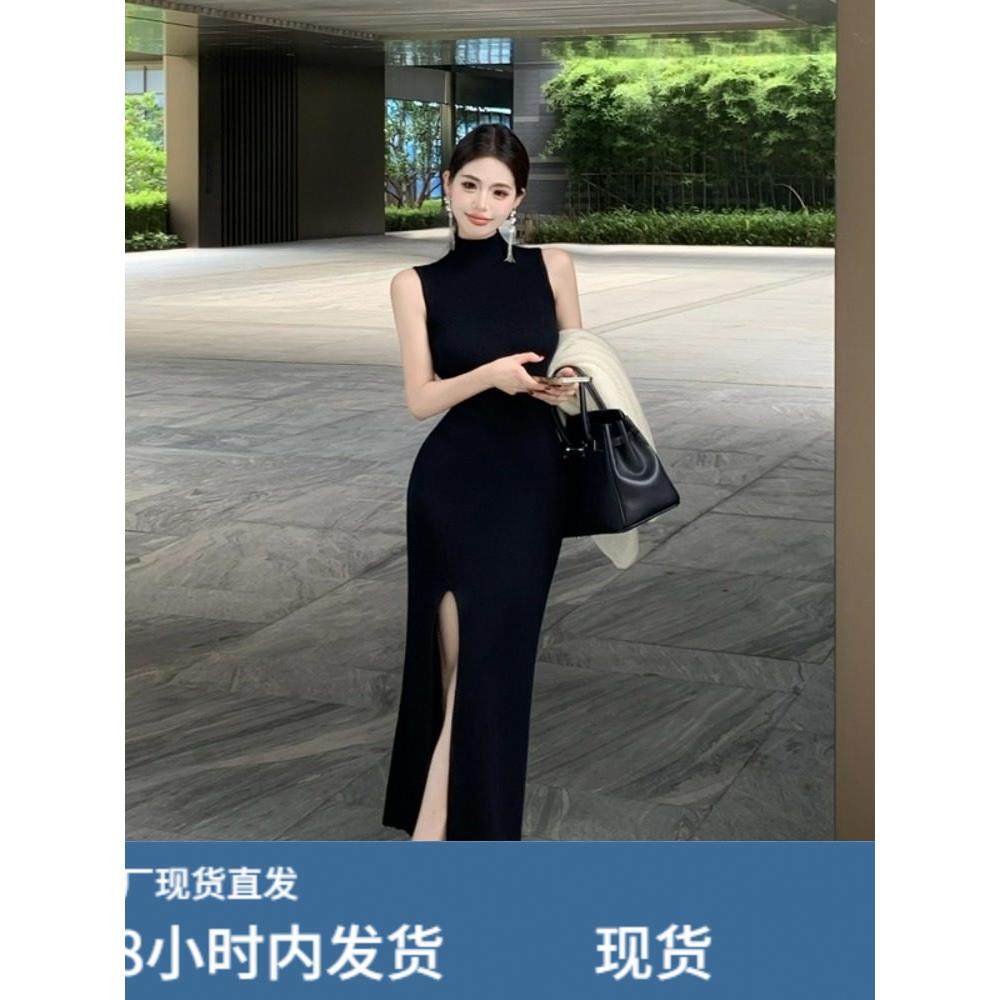 黑色背心针织连衣裙女秋冬季内搭名媛御姐高级感修身开叉包臀裙子,运动/瑜伽/健身/球迷用品,瑜伽短裙,淘宝优惠券,粉丝福利购,淘宝优惠卷