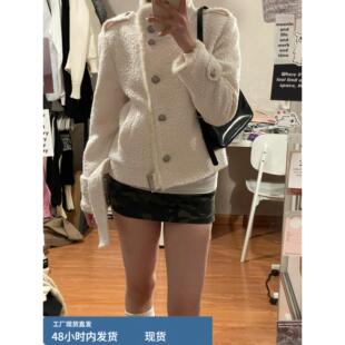 设计感立领羊羔毛呢呢外套女秋冬季2025新款韩系短款白色夹克上衣