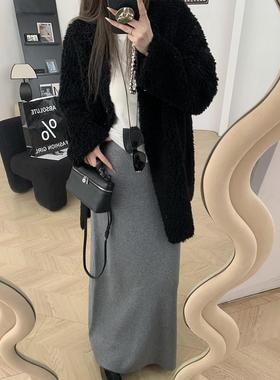 韩系高腰显瘦针织半身裙女秋冬超好看裙子灰色A字裙高级感长裙子