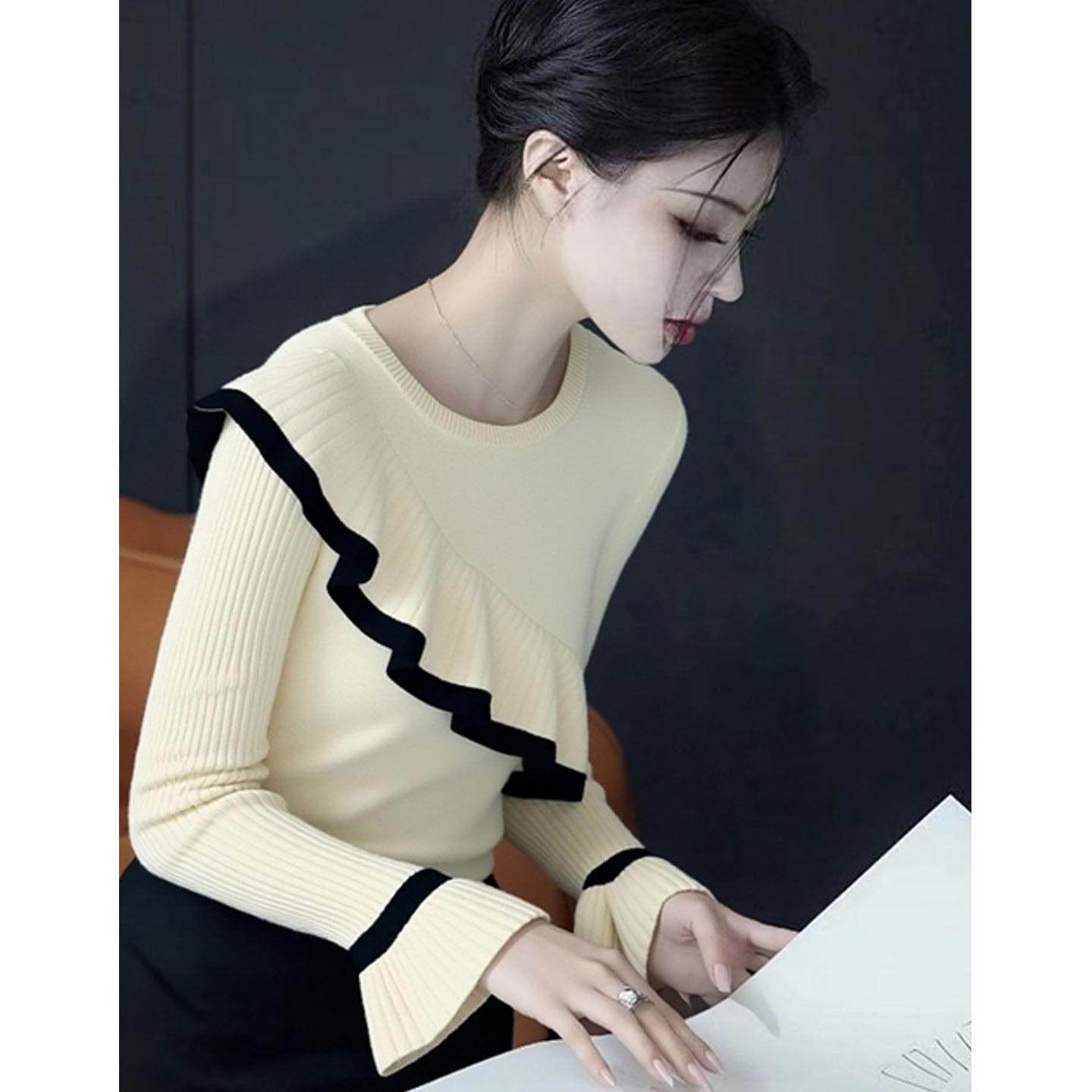 时尚优雅绝美白色荷叶边圆领喇叭袖针织衫女秋冬款高级感显瘦小衫,模玩/动漫/周边/娃圈三坑/桌游,Cosplay女装/cos女装,淘宝优惠券,粉丝福利购,淘宝优惠卷