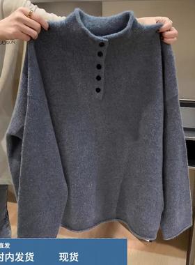 慵懒风灰色半高领纽扣长袖针织衫女秋冬大码胖MM时尚毛衣内搭上衣