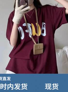 酒红色圆领字母印花短袖两件套女夏季2026新款时尚休闲运动套装潮