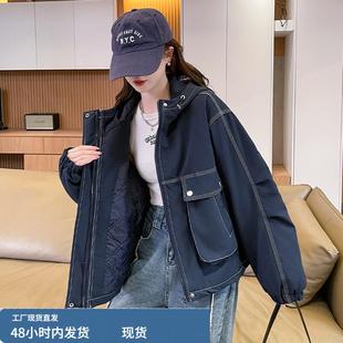 夹棉加厚冲锋衣外套女秋冬2025新款初高中学生宽松小个子工装棉服