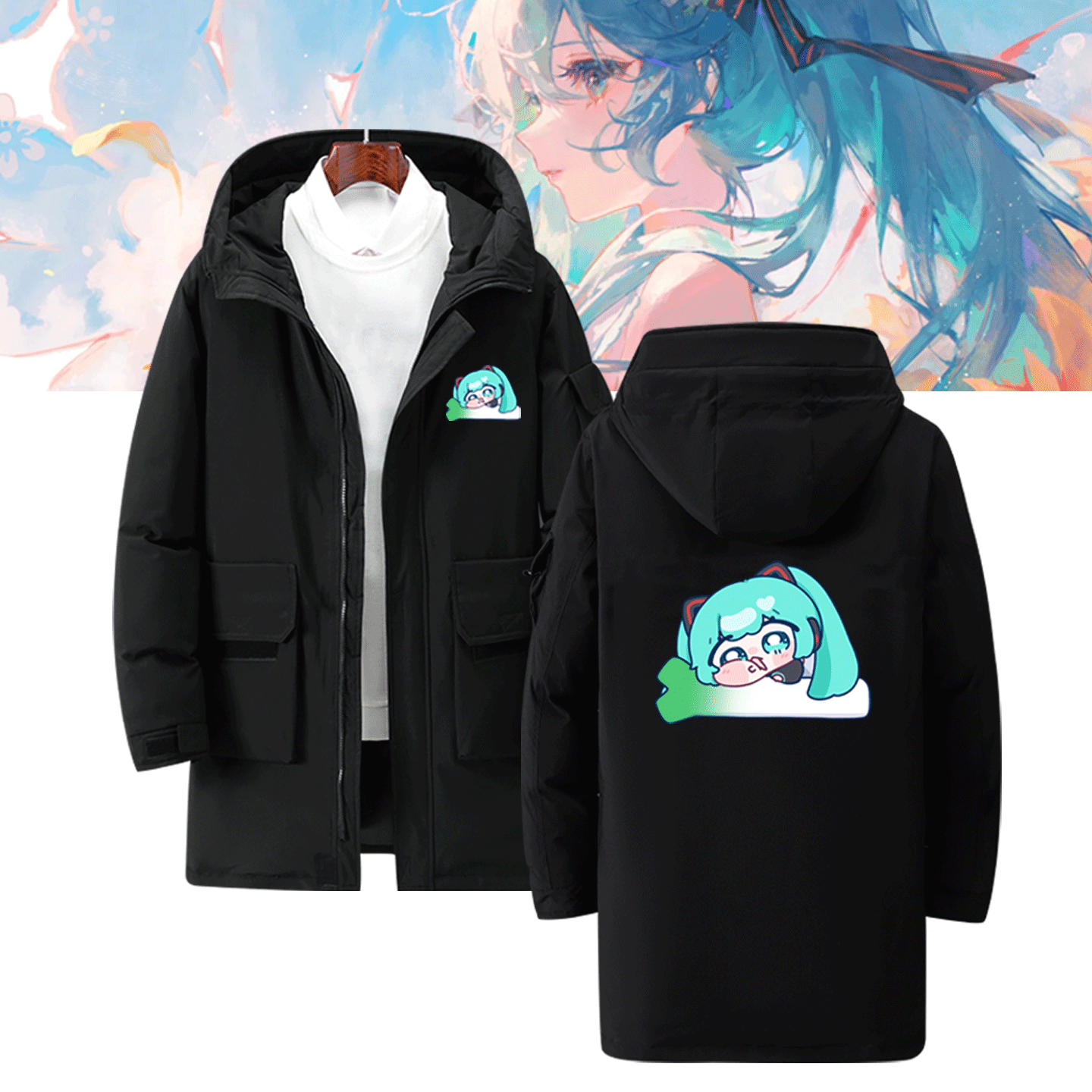 miku卡通初音二次元未来男女休闲定制冬季带帽拉链羽绒服可爱联名