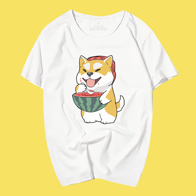 吃瓜柴犬短袖t恤男猫狗图案卡通可爱夏印花2020新款男女定制半袖