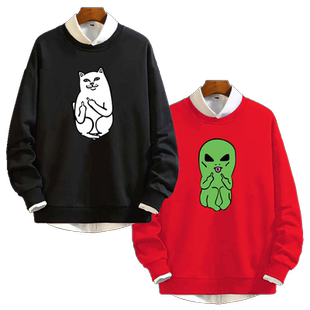 趣味鄙视中指贱猫咪男女可定制套头上衣服情侣装套头休闲圆领卫衣