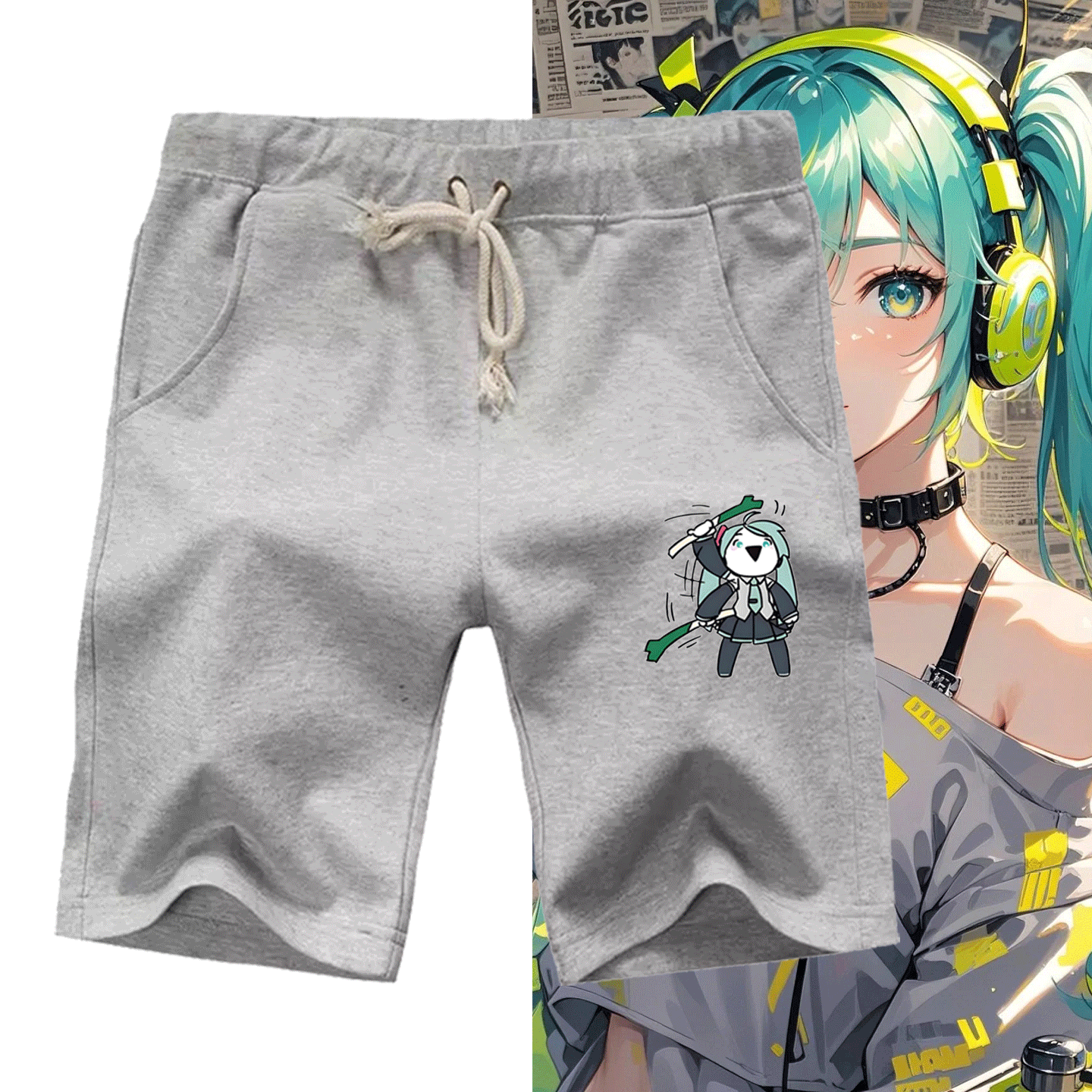 MIKU初音周边Q版短裤五分裤二次元男女情侣款可定制学生青少年夏