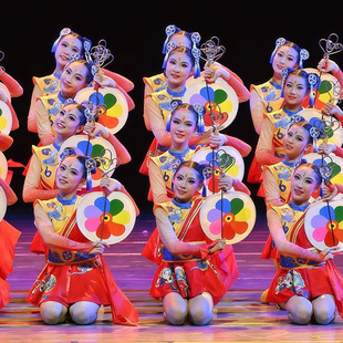 鼓韵金丰舞蹈演出服儿童古典舞元旦喜庆表演服开门红扇子舞蹈道具