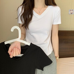 纯棉白色V领T恤女士短袖夏季新款全棉女式正肩小个子短袖套头上衣