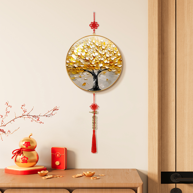 金色发财树入户门装饰画圆形中国结卧室门挂饰好寓意客厅玄关挂画图片