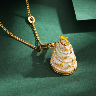 瑞士【设计师】Francesca 珍珠钻花朵珐琅釉蛋糕和平鸽可打开项链