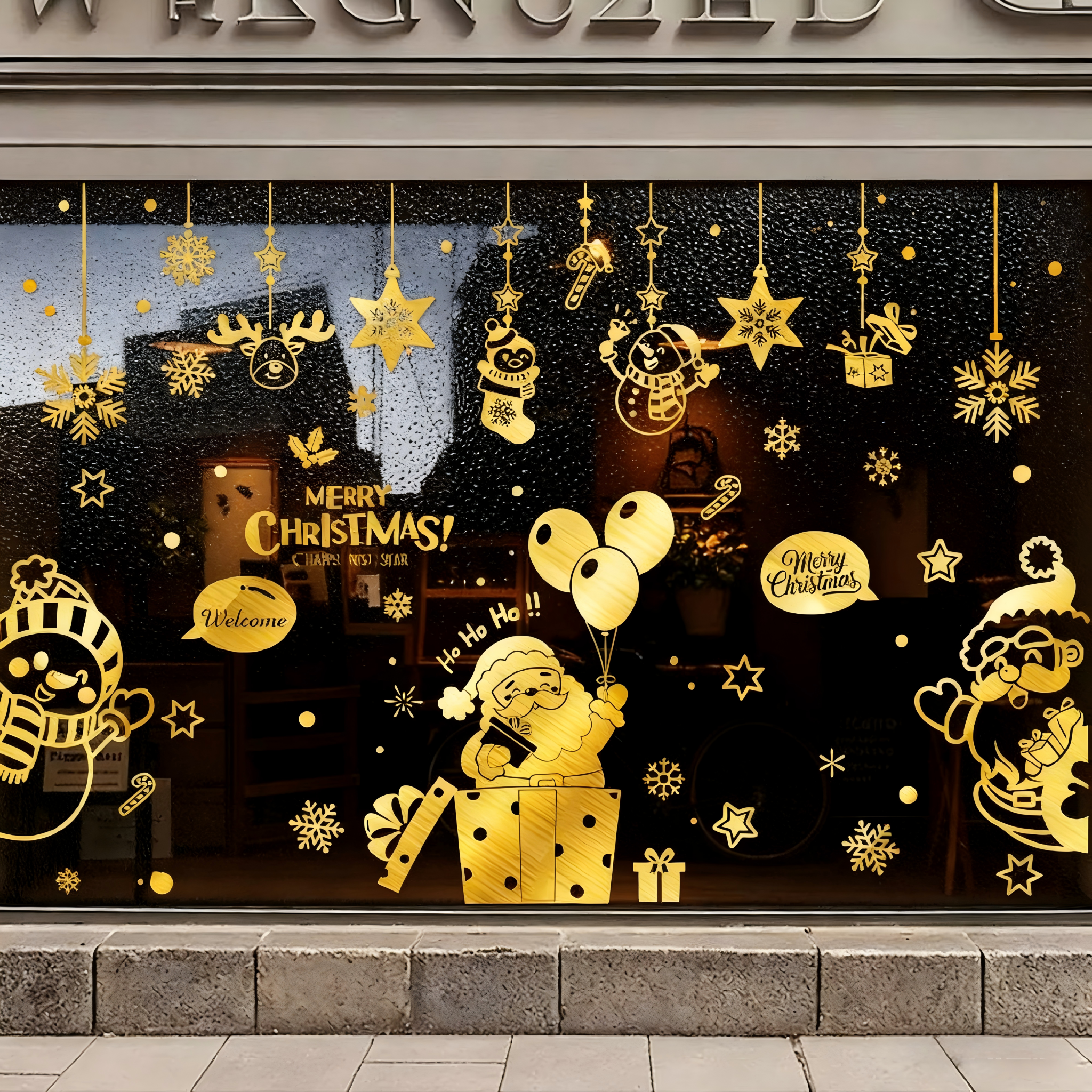 圣诞节装饰品圣诞老人树窗花玻璃