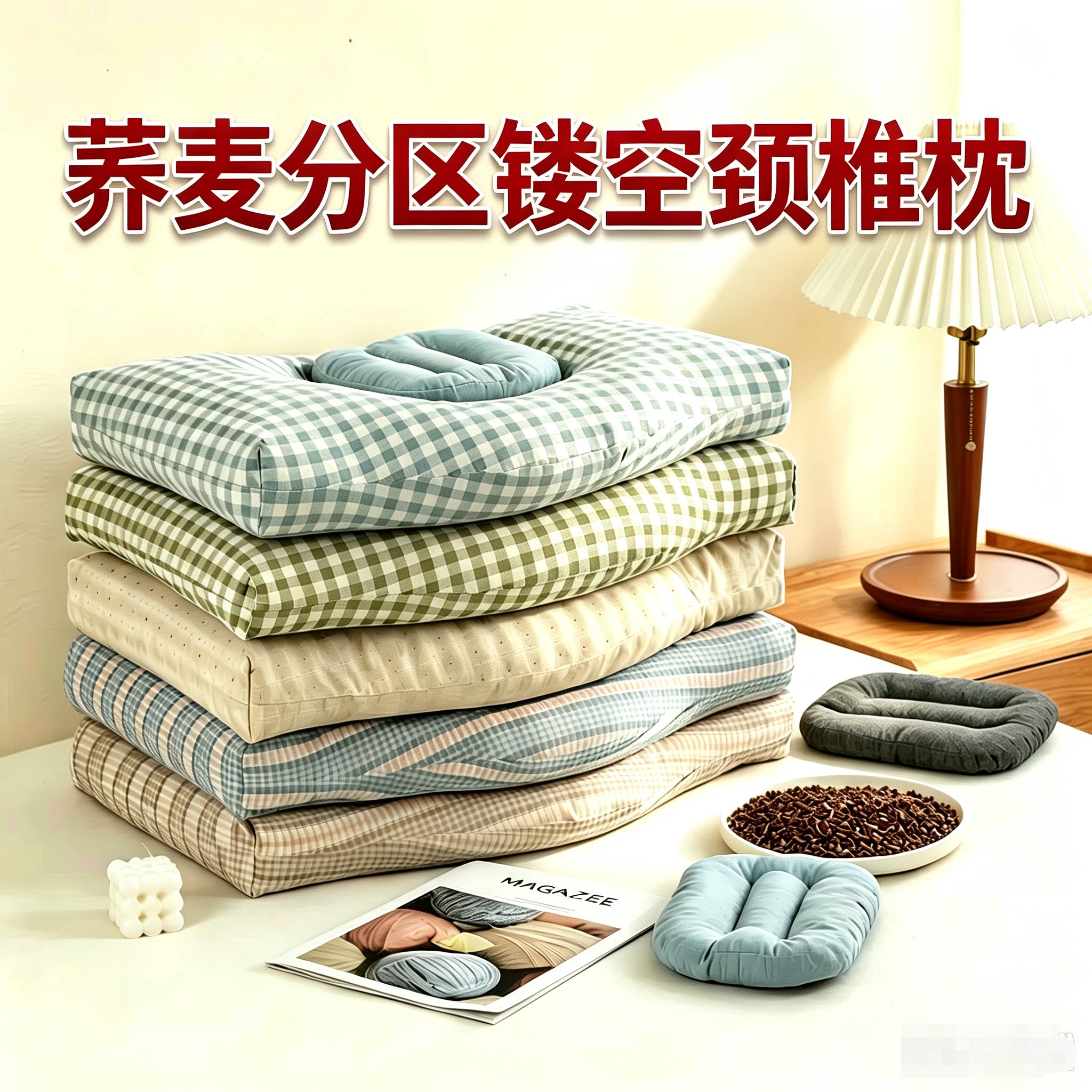 全棉格纹荞麦枕护颈枕芯家用睡眠枕头套件可拆洗颈椎养护高低可调